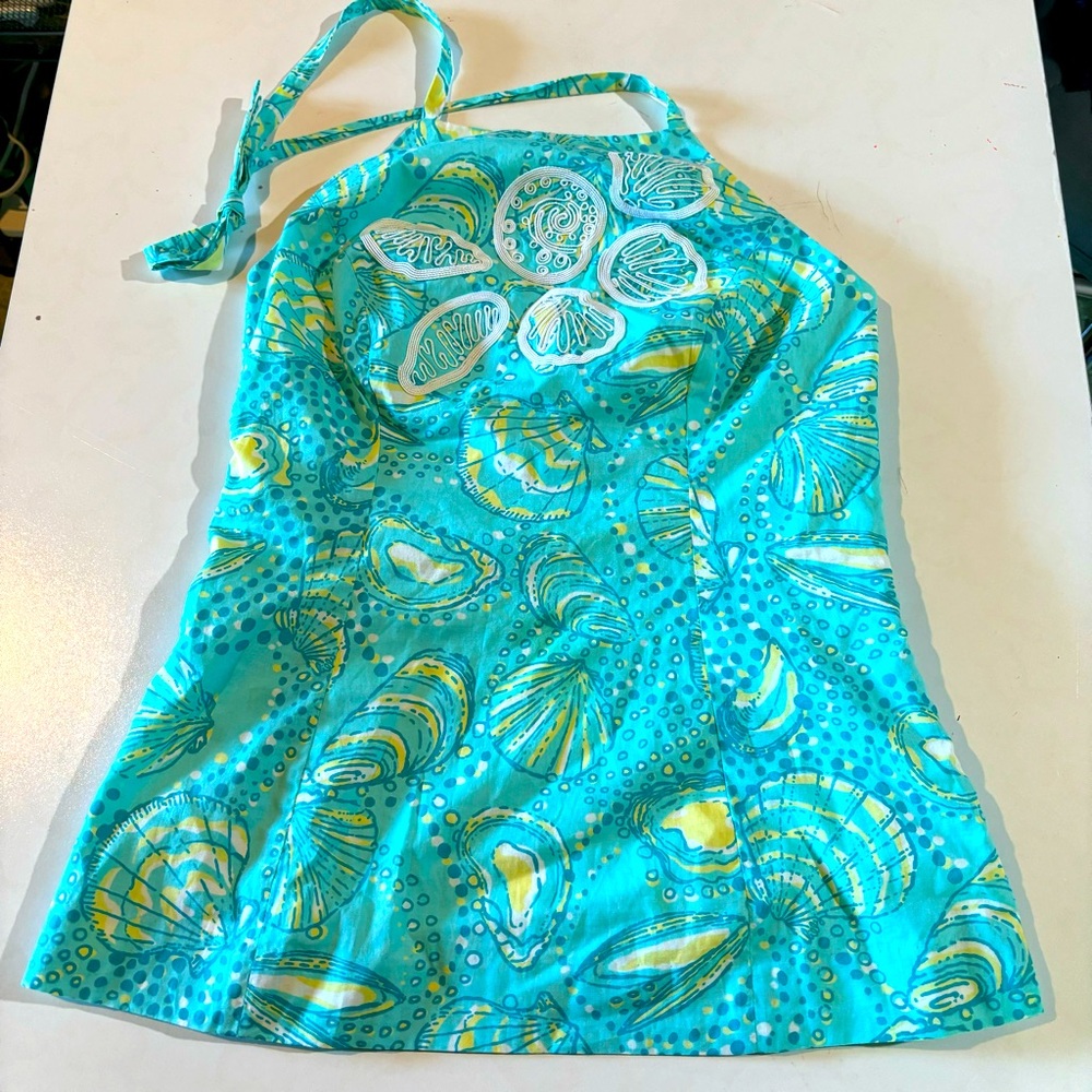 NWOT Lilly Pulitzer Shorely Blue Turquoise Embroidered Seashell Halter Top Sz 0